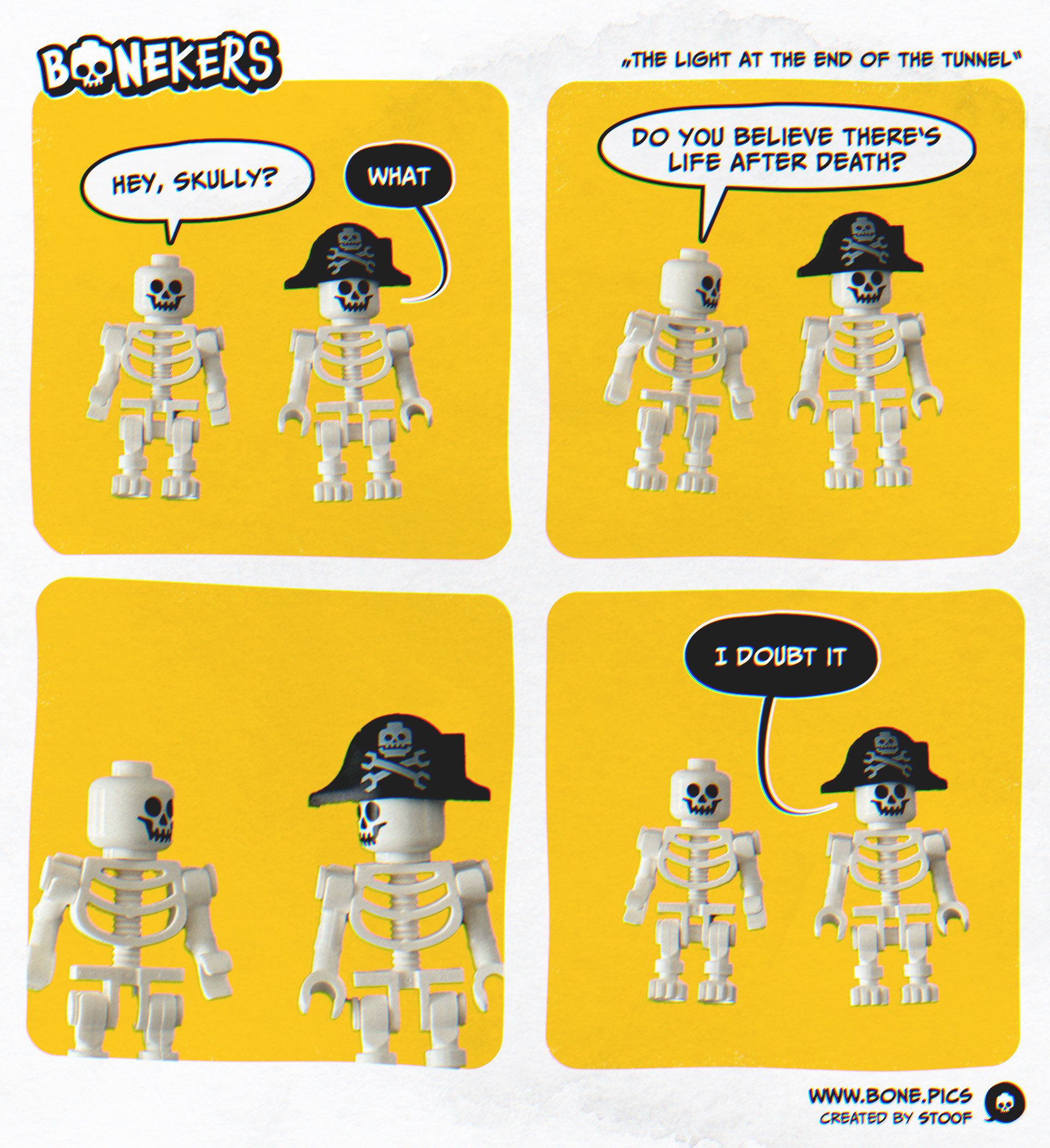 A four-panel comic featuring two LEGO skeleton figures against a mustard yellow background. The first panel shows the first skeleton, with a neutral expression, saying "Hey, Skully?". The second skeleton, wearing a pirate hat with a skull and crossbones, responds with "What". In the second panel, the first skeleton asks, "Do you believe there's life after death?". The third panel is silent and shows both skeletons staring at each other. In the fourth panel, the skeleton with the pirate hat answers, "I doubt it".