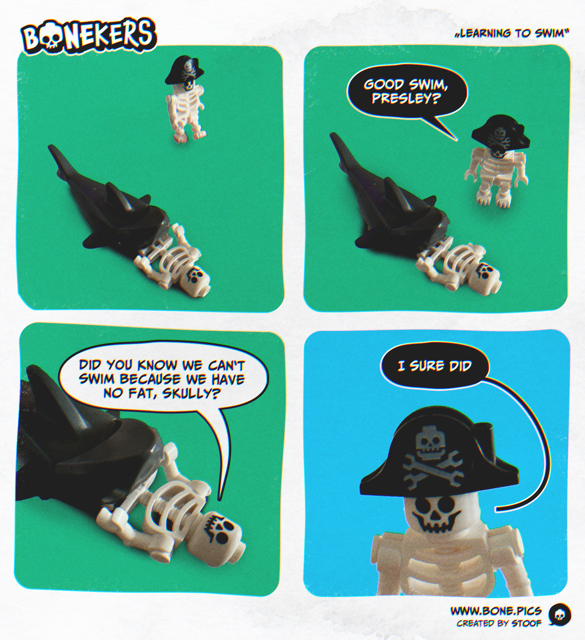 A four-panel comic. The comic features two LEGO skeleton figures against a solid teal background. In the first panel, the skeleton named Presley is lying supine, with only the upper half of his body visible, as a black LEGO shark is biting onto his lower half. The second skeleton, Skully, who is wearing a black pirate hat with a skull and crossbones, stands beside the shark incident, seemingly oblivious. In the second panel, Skully asks, "Good swim presley?" In the third panel, the shark is now fully covering the lower half of Presley, and Presley says, "Did you know we can't swim because we have no fat, Skully?" In the final panel, Skully leans over Presley and responds with "I sure did".