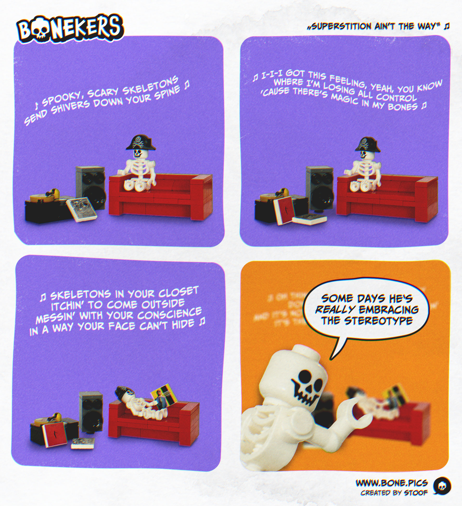 A four panel comic. In panel 1 Skully, the skeleton with the pirate hat is listening to a record of "Spooky Spooky Skeletons" with the lyrics hanging in the air. He is sitting on a red couch with a record player and a speaker beside him. In panel two he has pulled out a different record and is listening to Imagine Dragons' song "Bones". In panel 3 he has yet again switched up songs and is listening to "Skeletons" by Stevie Wonder while laying on the couch. In panel 4 Presley the skeleton is looking at the viewer, saying "Some days he‘s really embracing the stereotype".